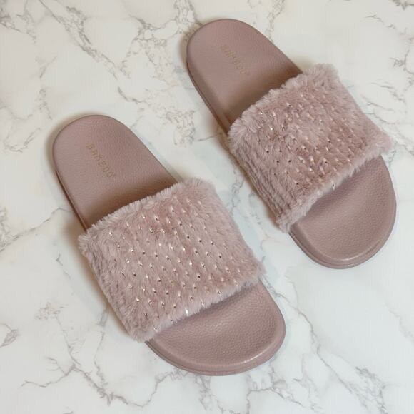 Bamboo Mauve Soft Fur Fuzzy Slides Metallic SZ 10 $20 - Picture 2 of 11